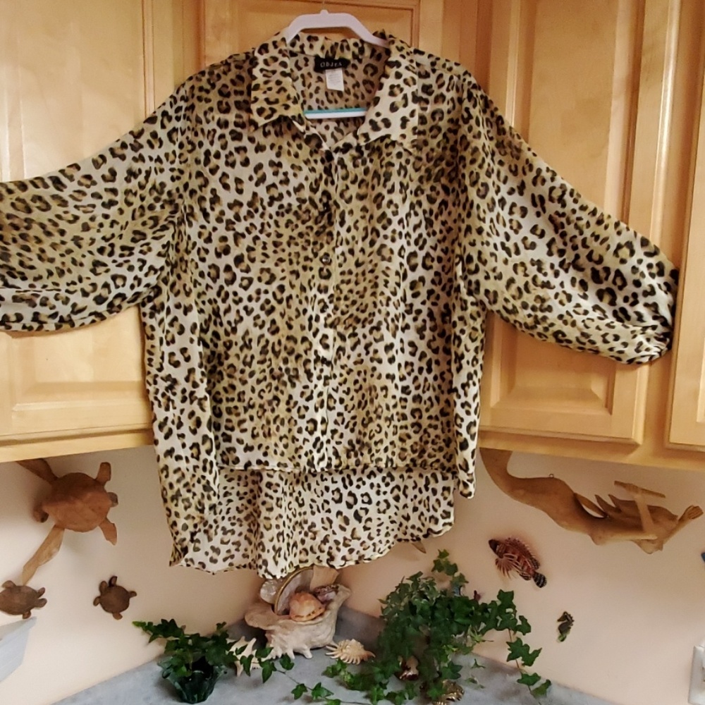 Objex High Low Sheer Leopard Button Down Blouse 3x